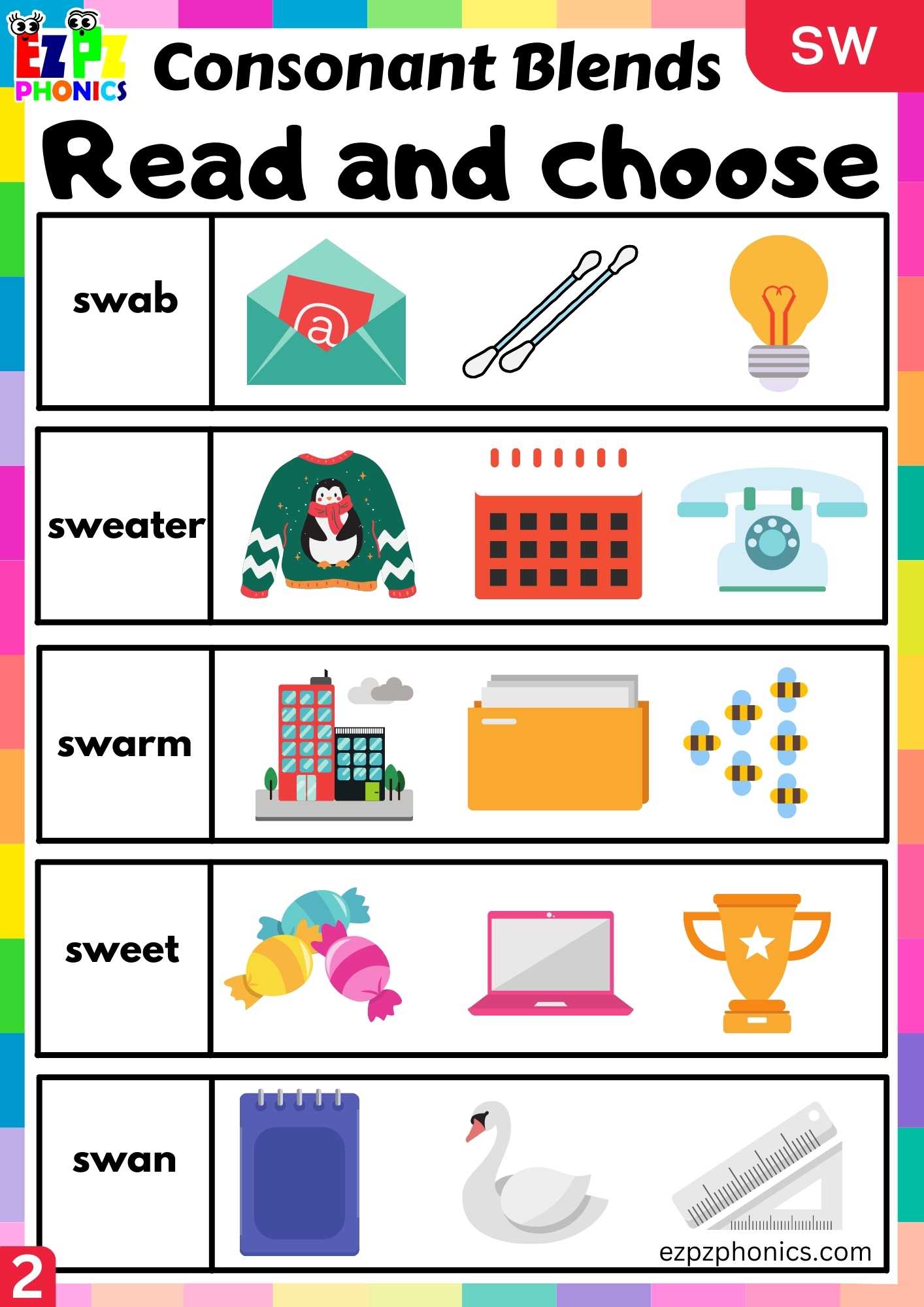 Group2 SW Words Read And Choose Phonics Consonant Blends Worksheet